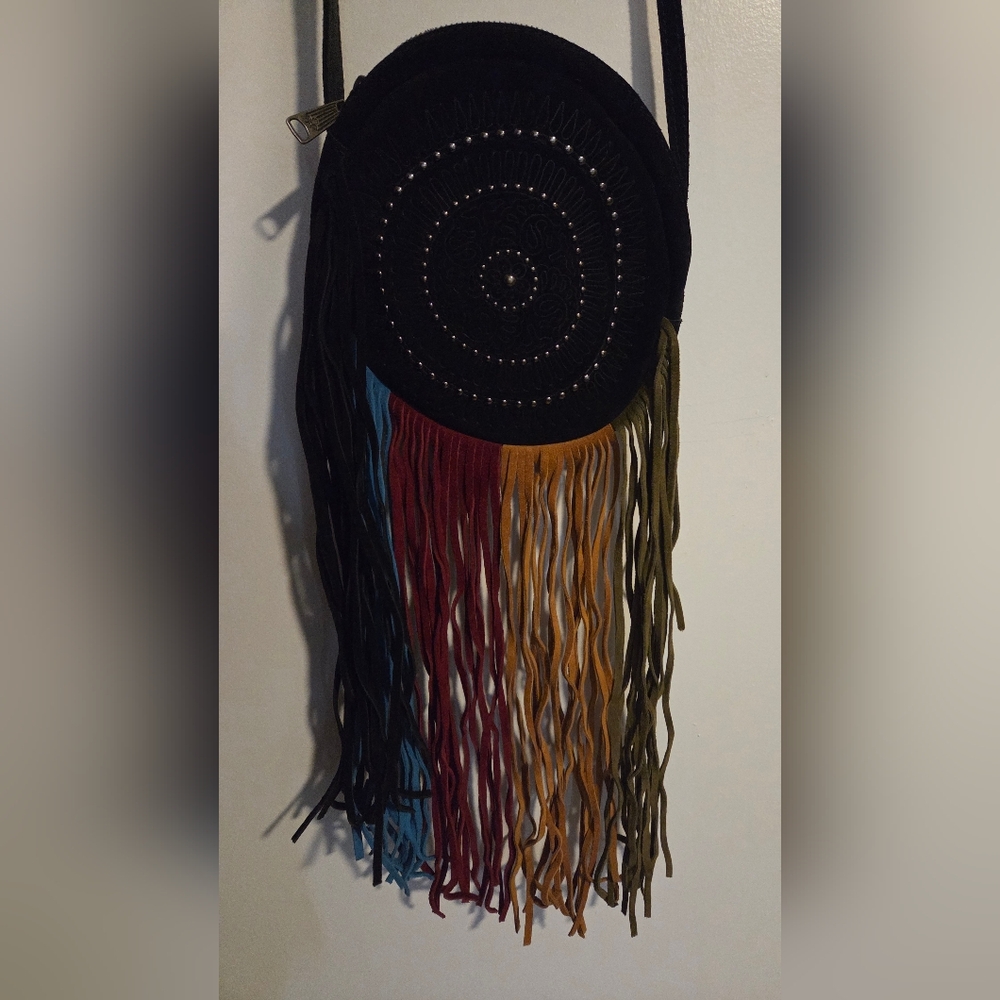 Patricia Nash Black Round Crossbody Bag with Multicolor Fringe - Picture 3 of 4